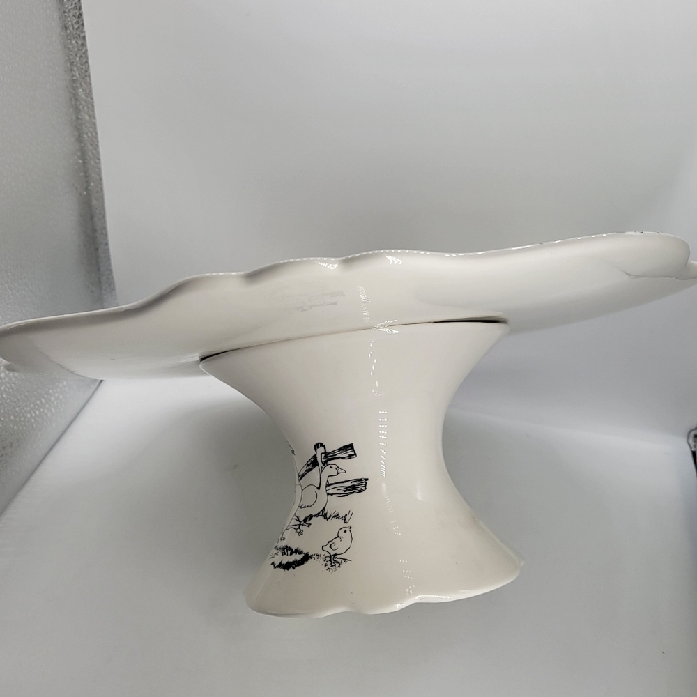 Barnyard Toile Cake Stand Plate Andrea by Sadek 13" Diameter Rooster Goose Hen - Picture 5 of 12